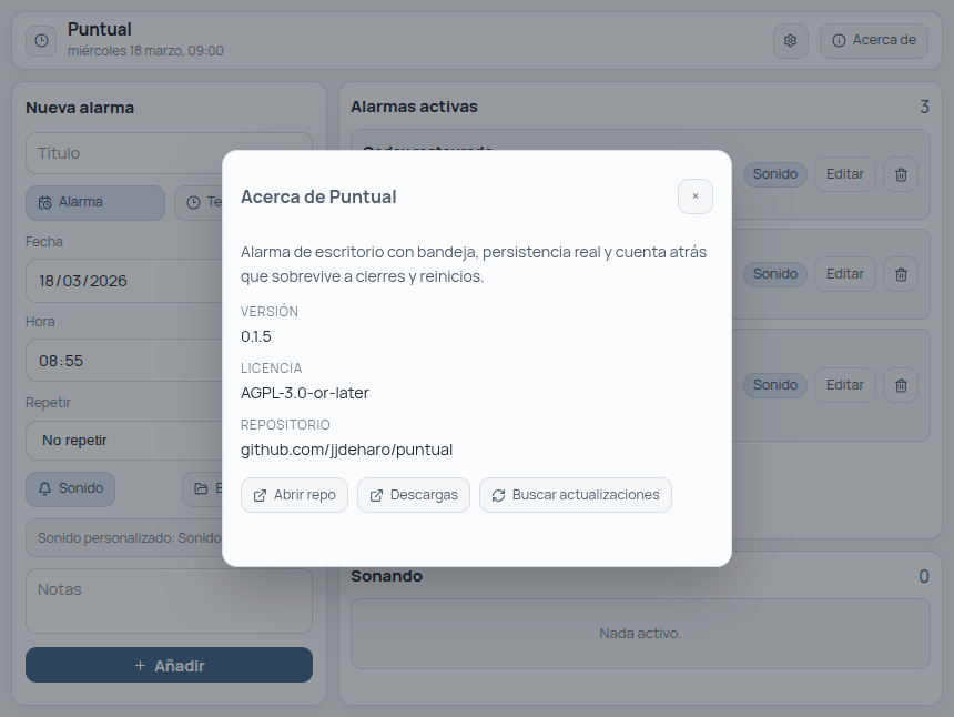 Ventana Acerca de Puntual con versión, licencia, repositorio y accesos a descargas.