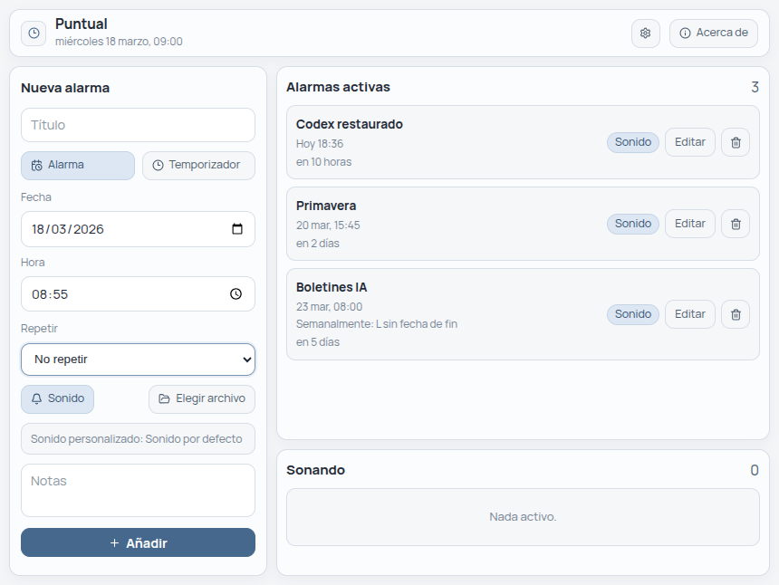 Pantalla principal de Puntual con el formulario de nueva alarma y la lista de alarmas activas.